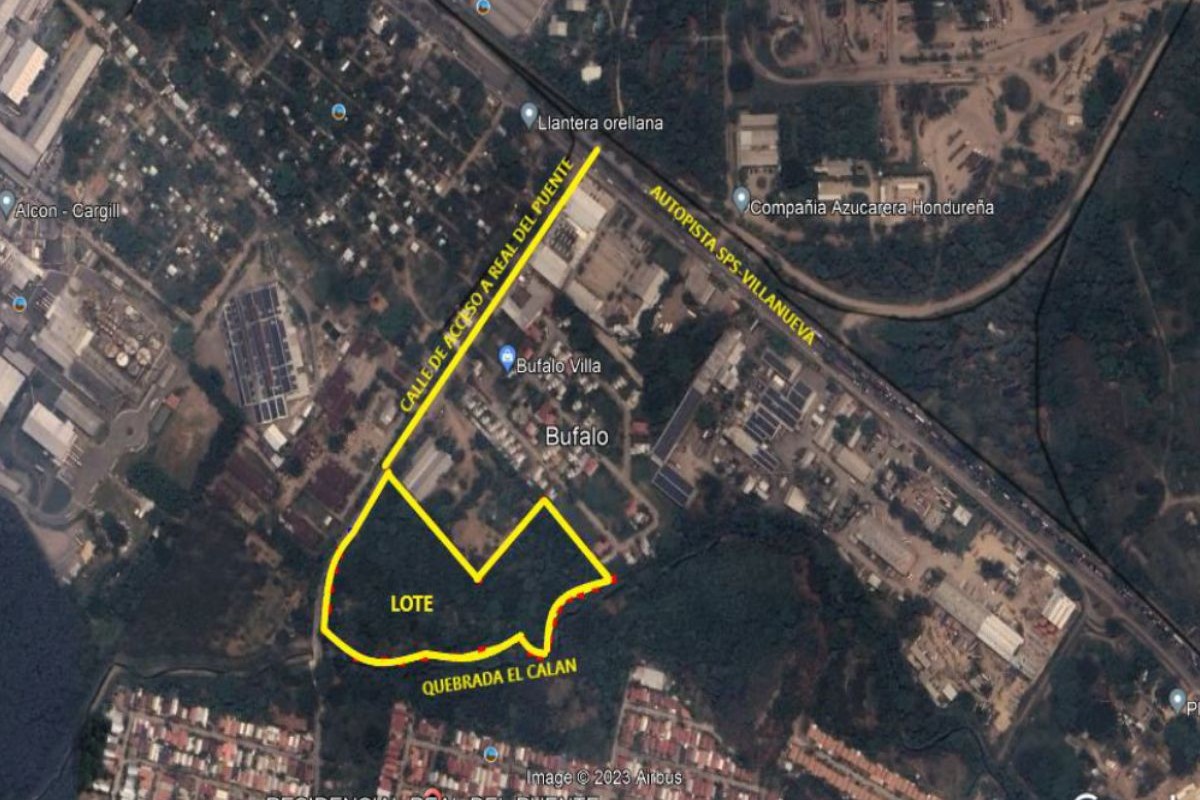 650 metros al Oeste sobre la calle de acceso a la residencial Real del puente, sector Búfalo, municipio de Villanueva San Pedro Sula  Arq. Claudia Urbina